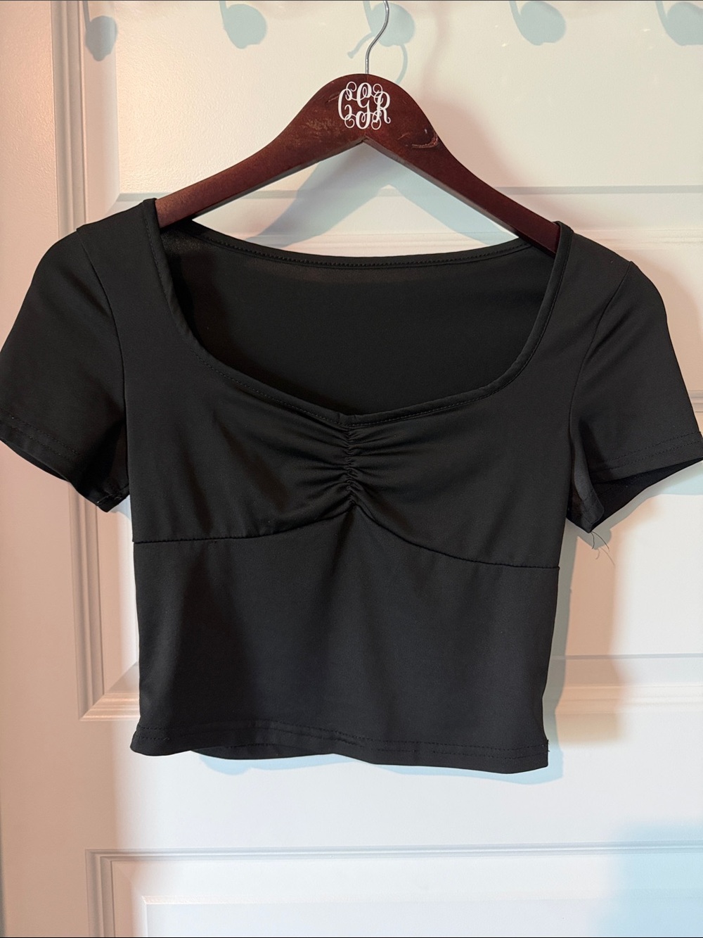 Black Ruched Front Crop Top w Cap Sleeve Women XS